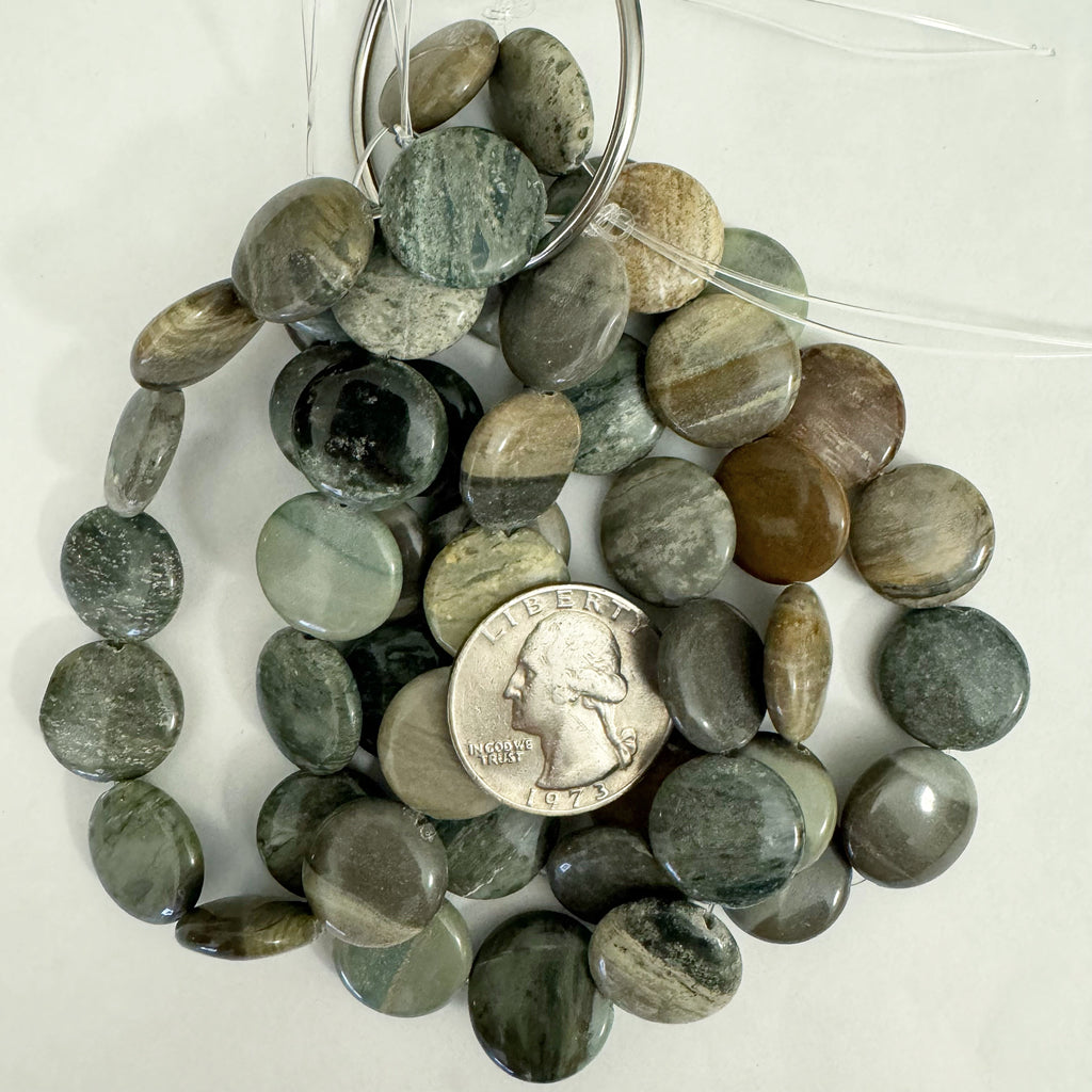 natural green forest jasper, 16x16x6mm puff coin, 13pc strands, sold per strand