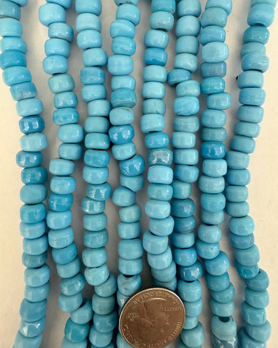 glass, turquoise blue, 9x6mm pony bead rondelle, 24