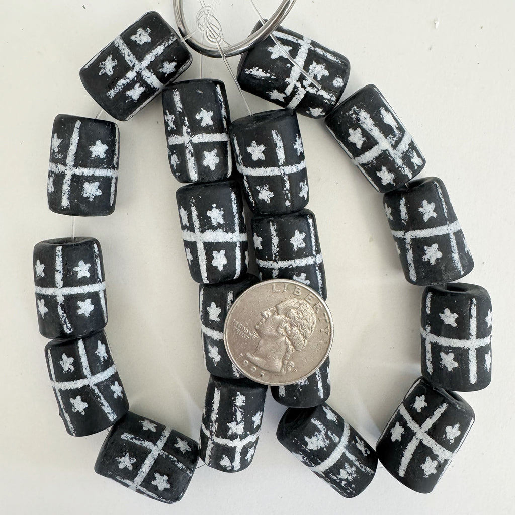 star crossing lines motif glass, matte black white, 21x15mm tube size mix, 9 piece strand, sold per strand