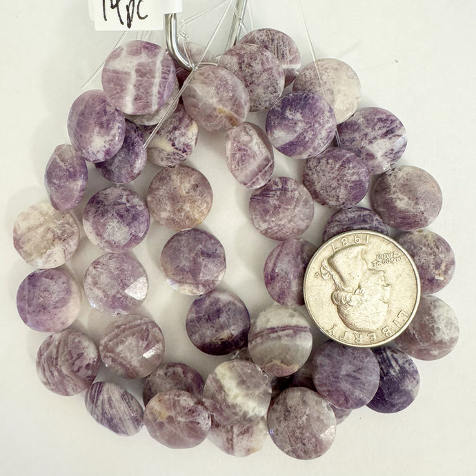 lepidolite, 14x14x6mm faceted puff coin, 14 piece strand, sold per strand