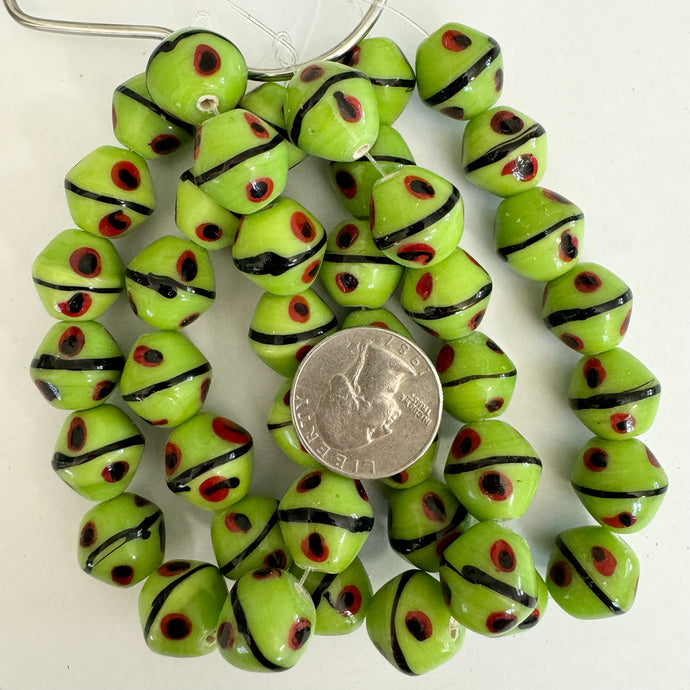 dots line motif glass, pale lime green, 15mm bicone, 13 piece strand, sold per strand