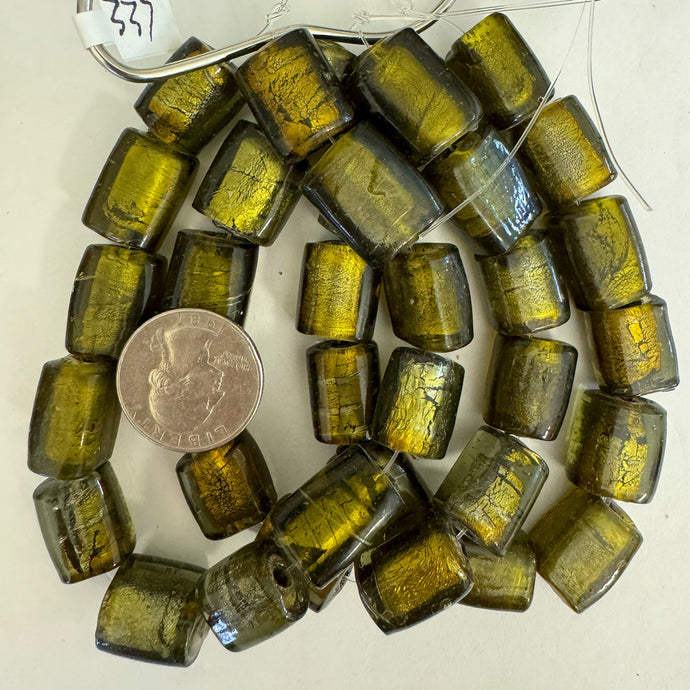 metallic foil inside lined glass, olive green, 19x15x11mm puff rectangle, 12 piece strand, sold per strand