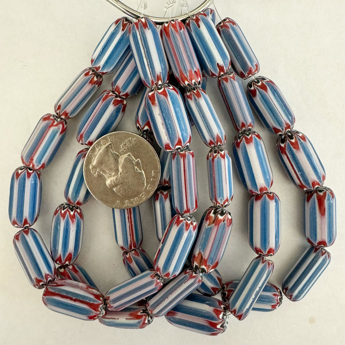 chevron motif glass, red white blue black, 19x8mm tube size mix, 11 piece strand, sold per strand