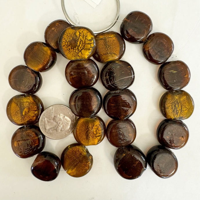 metallic foil inside lined glass, root beer brown, 20x17x13mm coin, 11 piece strand, sold per strand