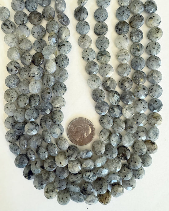 gray kiwi quartz, 12x12x6mm faceted puff coin, 15