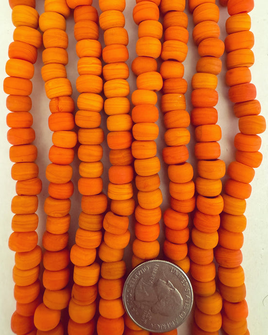 glass, matte orange, 9x6mm pony bead rondelle, 24