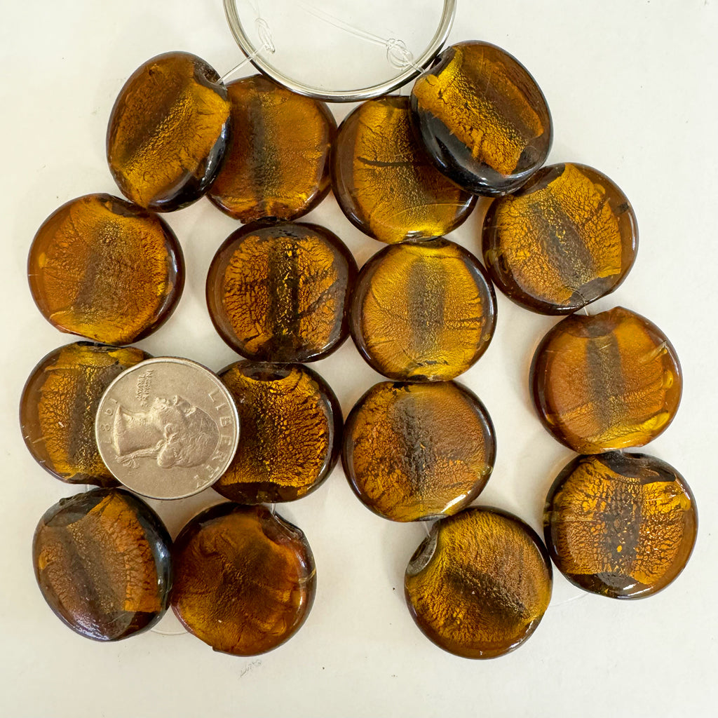 metallic foil inside lined glass, root beer brown, 27x25x7mm coin, 8 piece strand, sold per strand