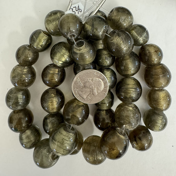 metallic foil inside lined glass, gray brown  olive green, 15-18mm round, 13 piece strand, sold per strand