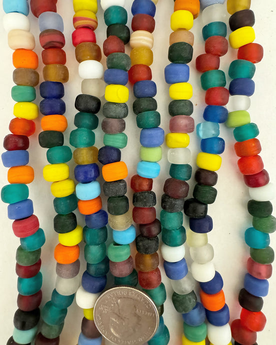 glass, matte multi color mix, 9x6mm pony bead rondelle, 24