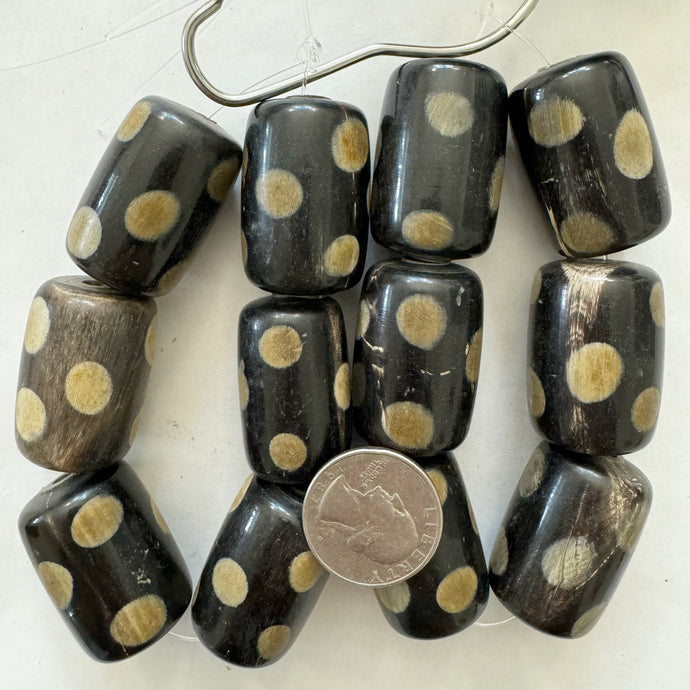 polka dot motif horn, dark brown and khaki, 34x24mm barrel tube, 6 piece strand, sold per strand