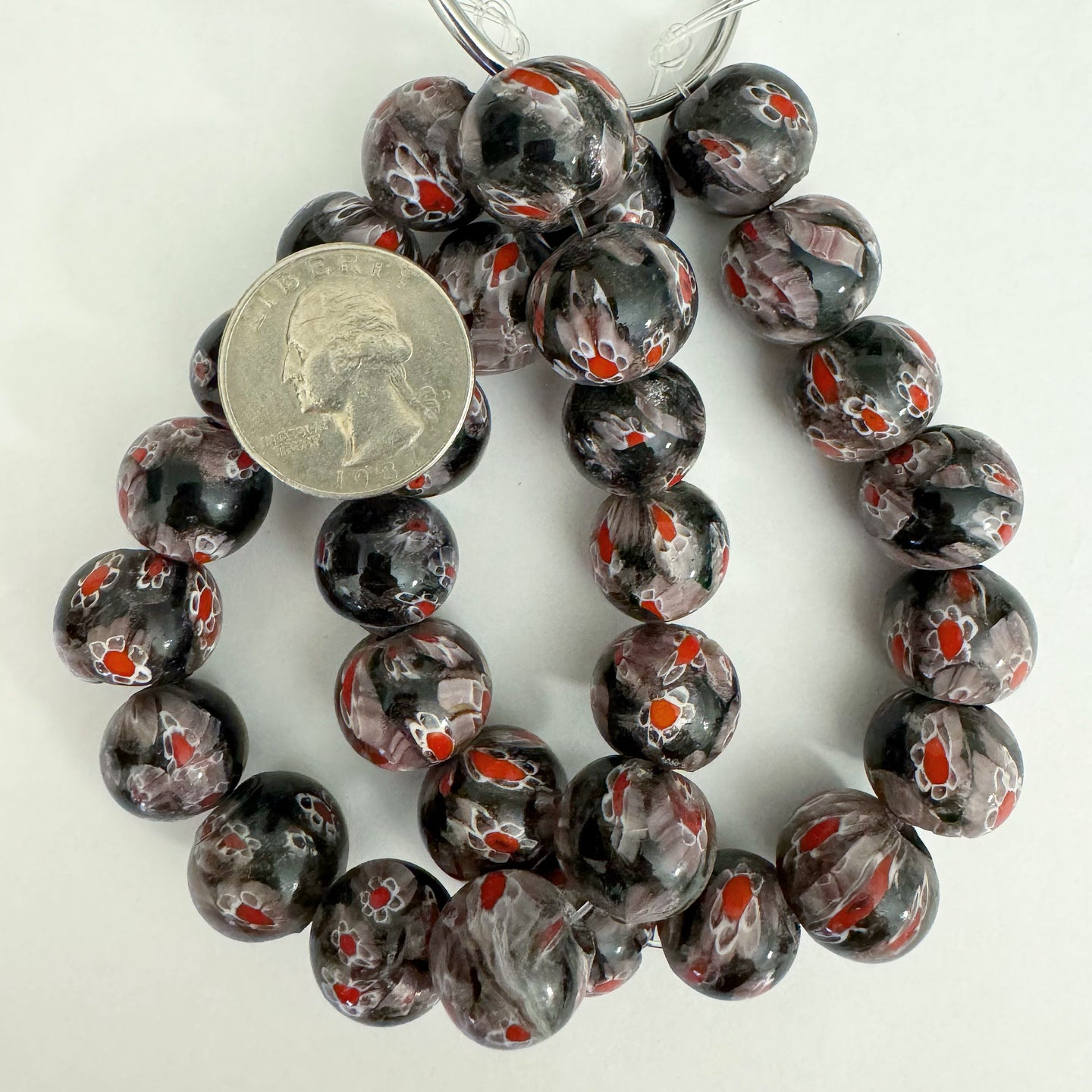 millefiori motif glass, black white lavender red, 15mm round, 15 piece strand, sold per strand