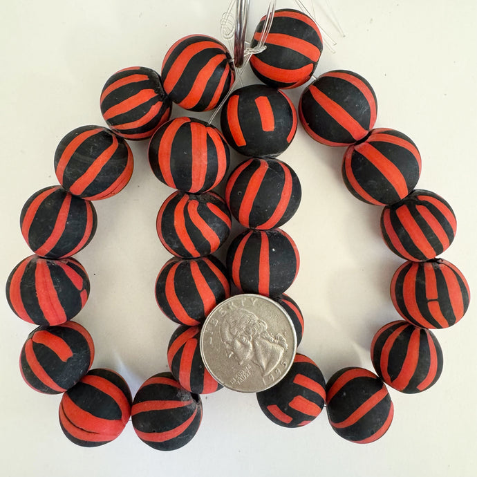 stripe motif glass, matte black red, 12mm round size mix, 12 piece strand, sold per strand