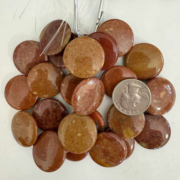 Red Wooden Jasper, 25x25x7mm puff coin, 8 piece strand, sold per strand