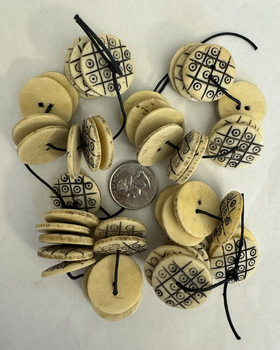 Buffalo Bone, carved lines circles, 25x25x3mm 2 hole button mixed size, 12 piece loop