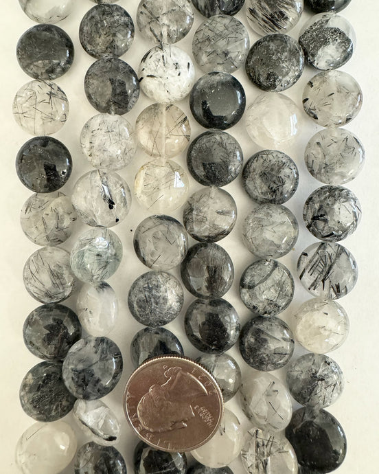 Black Tourmalated Quartz, 14x14x7mm puff coin, 15