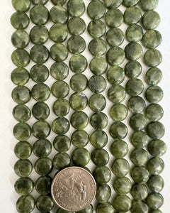 Chinese Green jade (darker), 10x10x5mm puff coin, 15" strand