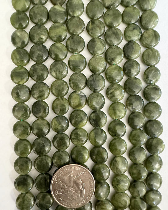 Chinese Green jade (darker), 10x10x5mm puff coin, 15