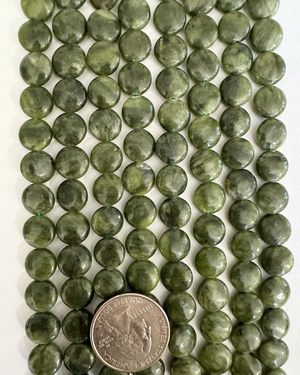 Chinese Green jade (darker), 10x10x5mm puff coin, 15