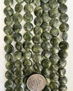 Chinese Green jade (darker), 12x12x5mm puff coin, 15" strand