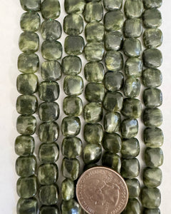 Chinese Green jade (darker), 10x10x4mm puff square, 15" strand