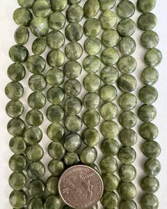 Chinese Green jade (lighter), 10x10x4mm puff coin, 15" strand