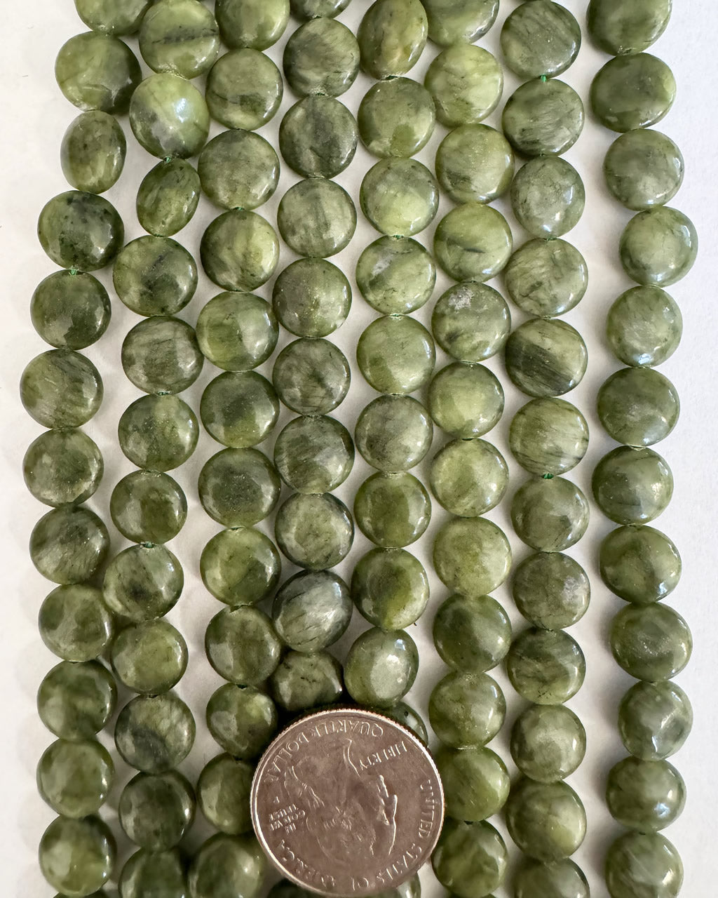 Chinese Green jade (lighter), 10x10x4mm puff coin, 15