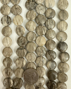 Chinese Silver Leaf Jasper, 16x16x5mm puff coin, 15" strand