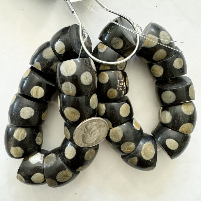 polka dot motif horn, dark brown and khaki, 26x16mm slices rondelle, 11 piece strand, sold per strand