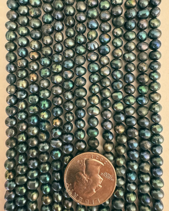 Freshwater Pearl, dark blue green, 6x4mm potato, 15