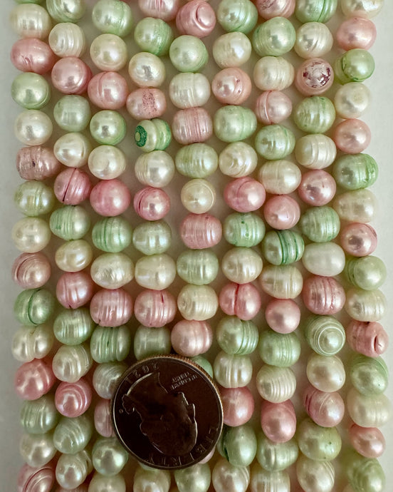 Freshwater Pearl, white mint green bubblegum pink, 9x7mm lined potato, 15