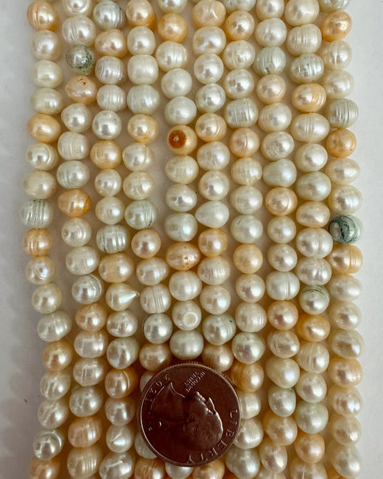 Freshwater Pearl, pale white peach green, 8x7mm lined potato, 15