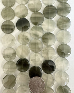 Gray Cloudy Quartz, 20x20x7mm puff coin, 15" strand
