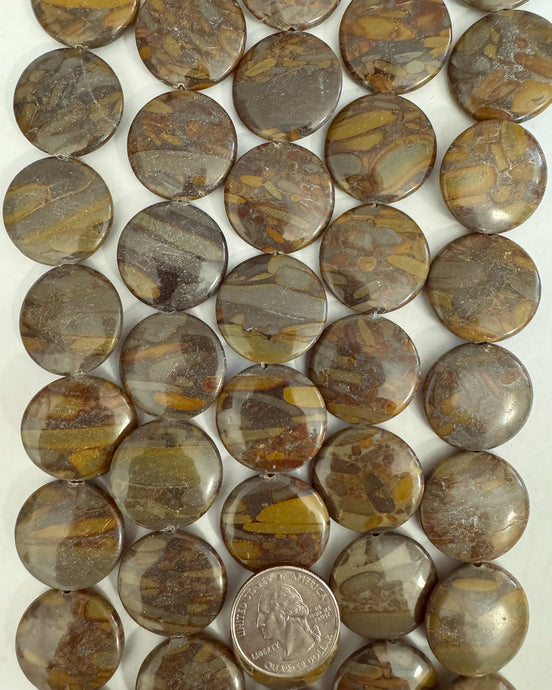 Golden Horse Jasper, 25x25x6mm puff coin, 15