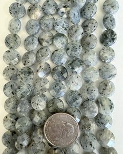 Gray Kiwi Quartz, 12x12x5mm faceted puff coin, 15" strand