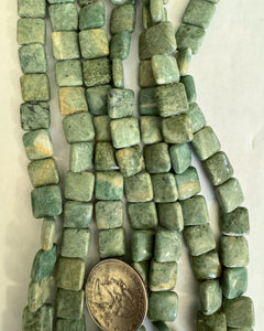 Green Prase Jasper, 10x10x4mm puff square, 15" strand