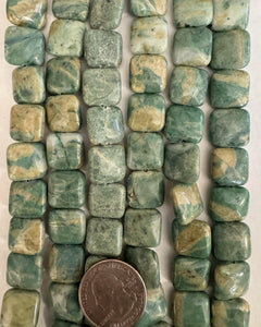 Green Prase Jasper, 14x14x6mm puff square, 15" strand