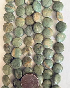 Green Prase Jasper, 14x14x6mm puff coin, 15" strand