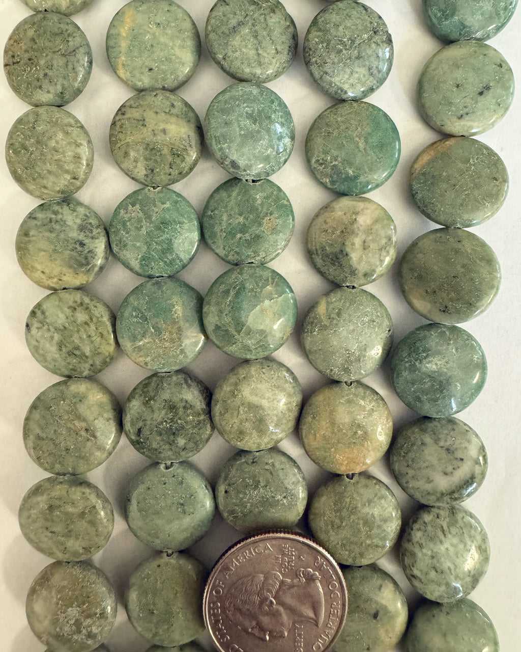 Green Prase Jasper, 16x16x6mm puff coin, 15