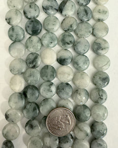 Green Spring Jasper, 14x14x6mm puff coin, 15" strand