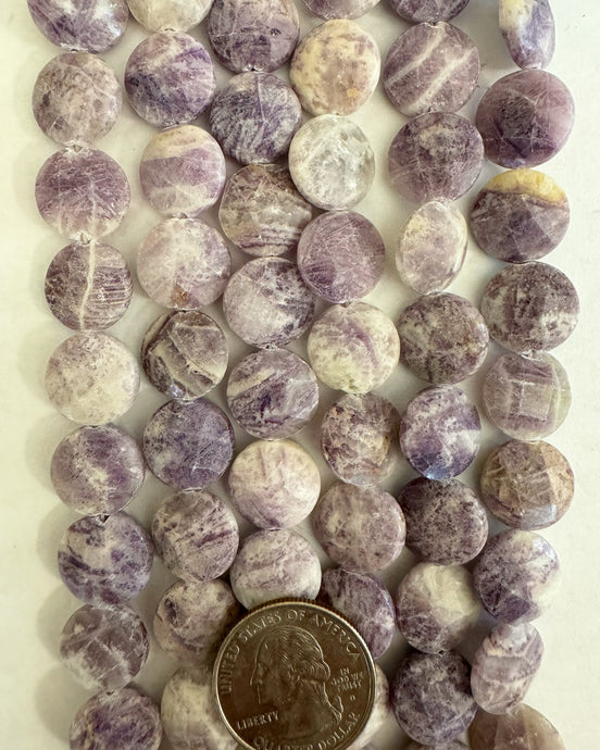 lepidolite, 14x14x6mm faceted puff coin, 15