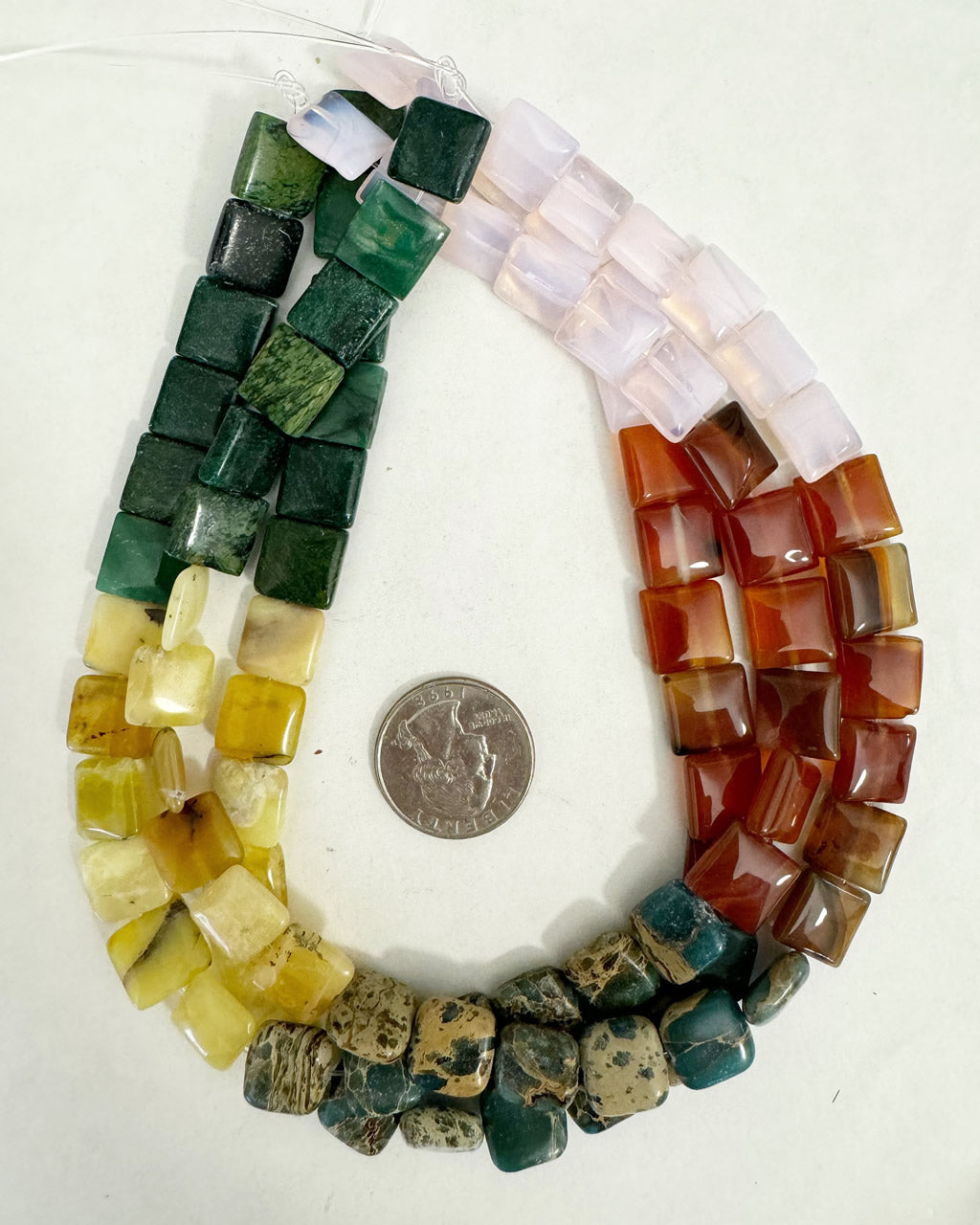 african green jade, yellow opal, pink opalite, red agate, blue impression jasper, 12mm puff square mix, 14