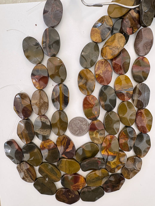 red wooden jasper, 30x21x6mm wavy oval, 15
