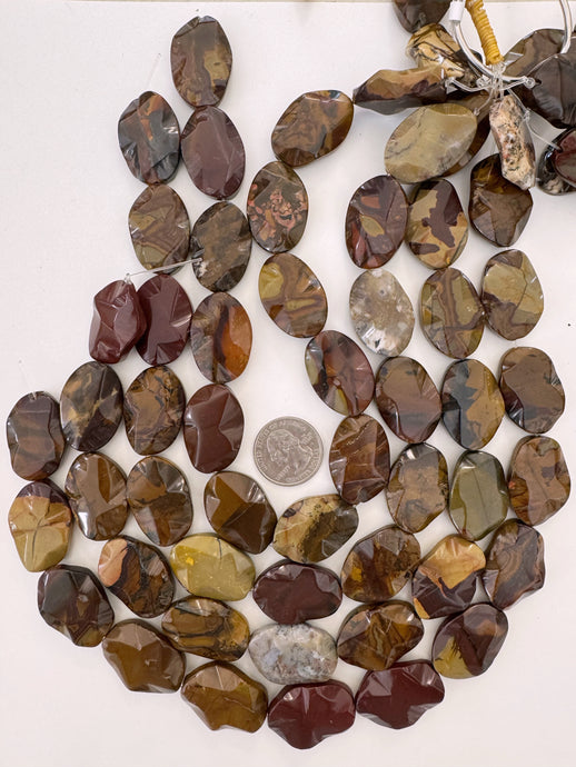 red wooden jasper, 30x21x6mm wavy oval, 15