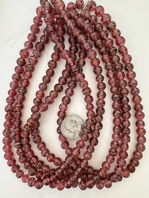 red purple black white red metallic copper swirl, vintage look glass, 8mm round, 15