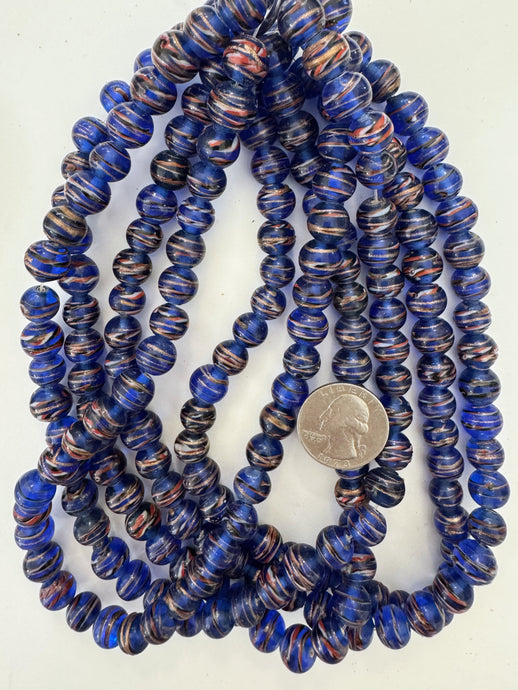 dark blue black white red metallic copper swirl, vintage look glass, 10mm round, 15