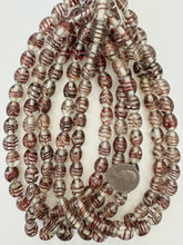 clear black red metallic copper feathered swirl, vintage look glass, 12x10mm barrel bowed tube, 15" strand, sold per strand