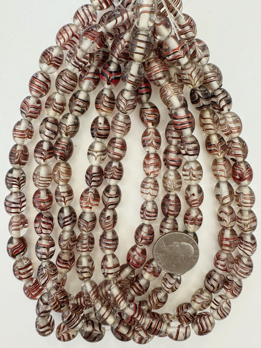 clear black red metallic copper feathered swirl, vintage look glass, 12x10mm barrel bowed tube, 15