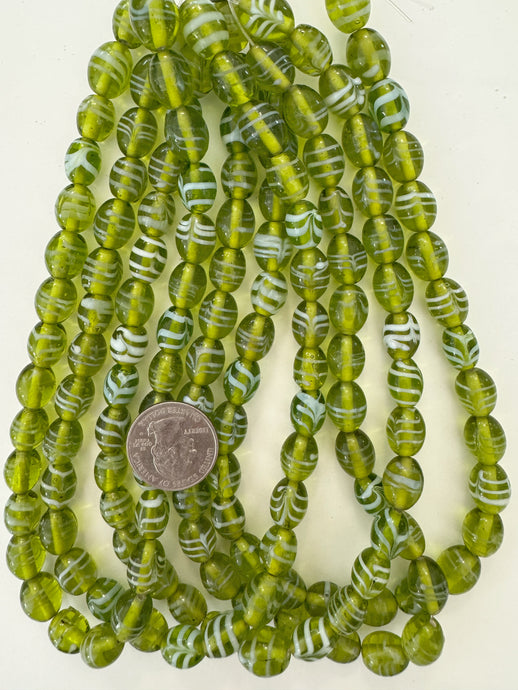 lime green white feathered swirl, vintage look glass, 11-13mm barrel bowed tube mix, 15