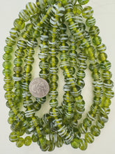lime green white feathered swirl, vintage look glass, 9-13mm round mix, 15" strand, sold per strand
