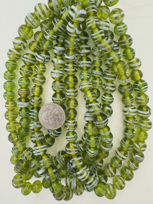 lime green white feathered swirl, vintage look glass, 9-13mm round mix, 15